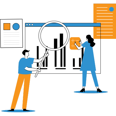 The illustration shows one young man and woman doing an audit for technical SEO.