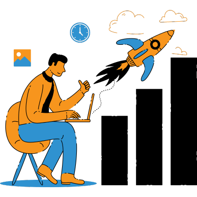 The illustration shows one young man sitting on a chair and doing something on the laptop like boosting a website through SEO services company Brampton.