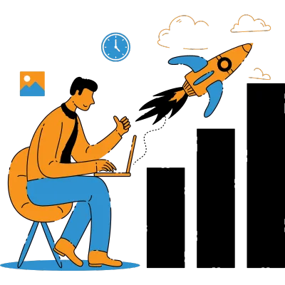 The illustration shows one young man sitting on a chair and doing something on the laptop like boosting a website through SEO services company Brampton.