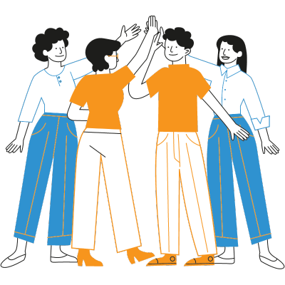 The illustration shows one young man and three young women doing a chill by shaking hands.