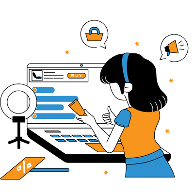 The illustration shows one young woman making content for an online business like an eCommerce store.