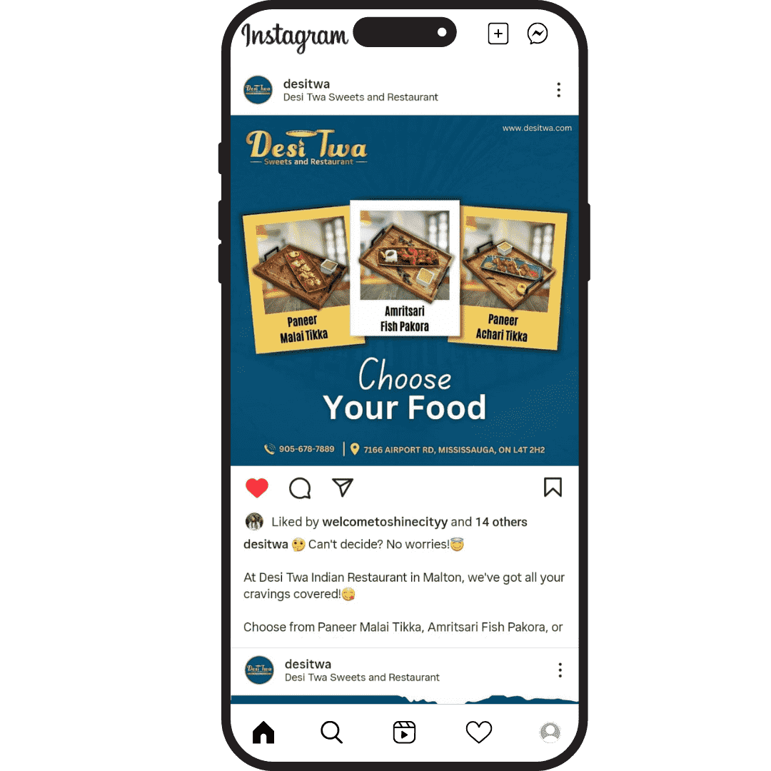 The Instagram feed of Desi Twa Indian restaurant which is located in Brampton City Ontario, Canada