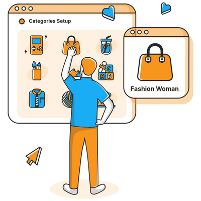 Illustration that shows one young man setting up the eCommerce SEO campaign for the eCommerce store.