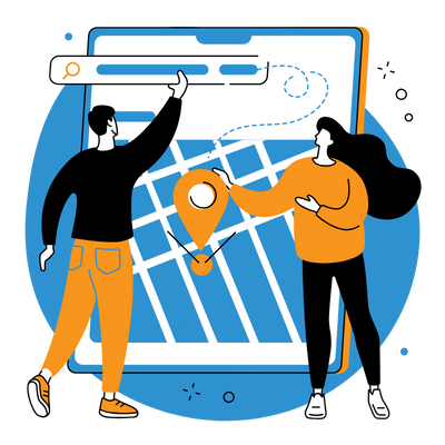 Illustration that shows one young man and woman doing local SEO for business.