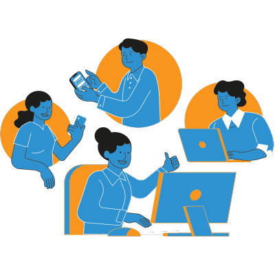 The illustration shows the social media marketing team doing online reputation management activity for their clients.