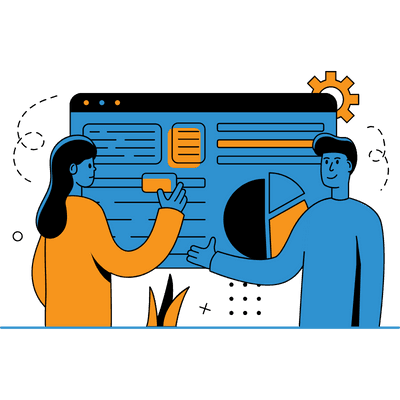 The illustration shows one man and a woman having discussions about responsive website design.