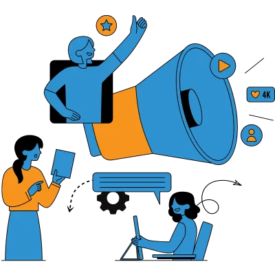 Illustration image that shows that team of social media marketing promoting products or services for clients.