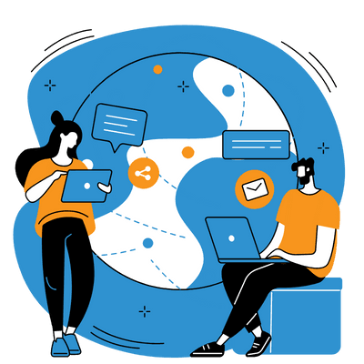Illustration that shows one young man and a woman doing something on the laptop to provide SEO services as an SEO agency in Canada.
