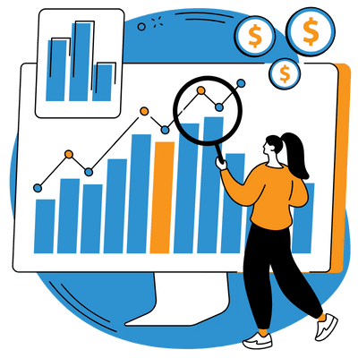 An illustration that shows one woman measuring results to do technical SEO services.