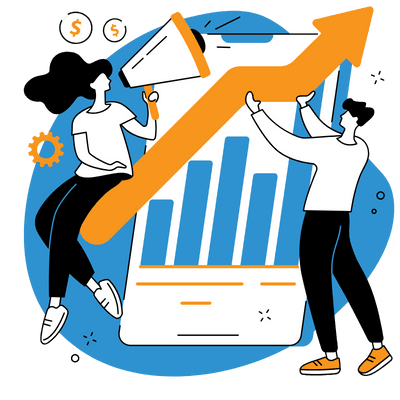 An illustration that shows one man and woman measuring results to provide SEO services as an SEO agency in Canada.