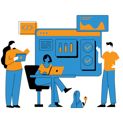 Illustration that shows one young man and two women fixing the structure of the website for web design and development purposes.