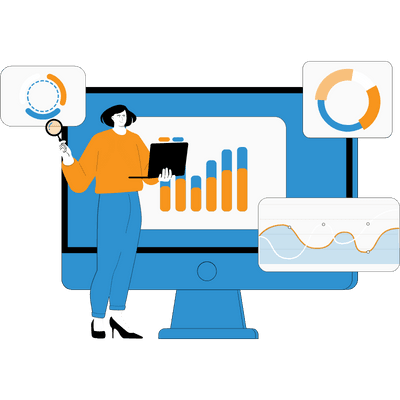 Illustration that shows one young lady doing a website audit for local SEO.
