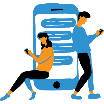 Illustration that shows one young man and woman doing something on their mobile phone for social media marketing.