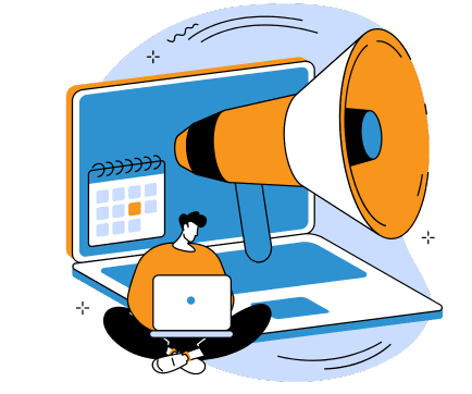 Illustration image that shows one man doing something on their laptop like creating a content calendar for local SEO Brampton.