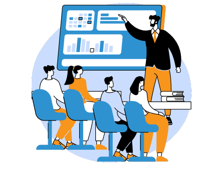 The illustration shows one man showing something their team is about to grow local SEO Brampton.