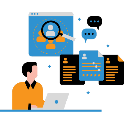 The illustration shows a man sitting with his laptop and exploring profiles to provide social media marketing in Brampton.