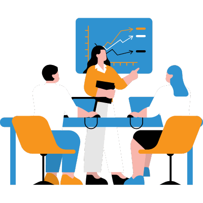 The illustration shows one man and a woman sitting on a chair with laptops on the table and one woman describes the chart of results.