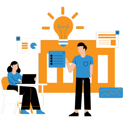 The illustration shows one woman sitting on a chair and doing something on a laptop that is on the table and one man exploring the graph.